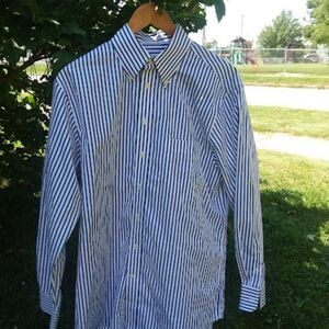 Vtg Andrew J Men Dress Shirt 15 1/2 34/35 White Blue Stripe Button Long Sleeve
